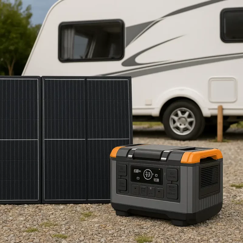 תחנת כוח ניידת עם פאנלים סולאריים מסוג 2×300W מוצבת ליד קרוואן בשטח, מערכת סולארית ניידת של YLSolar המיועדת לגיבוי ולשימוש מחוץ לבית.